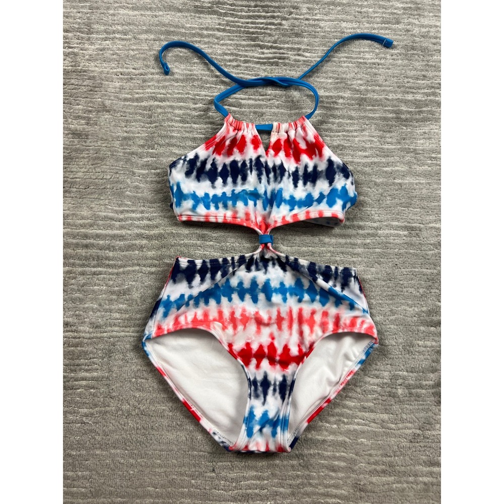 Art Class Swimsuit Girls M(8) Red White Blue Tie Dye Monokini Cutout Halter Neck